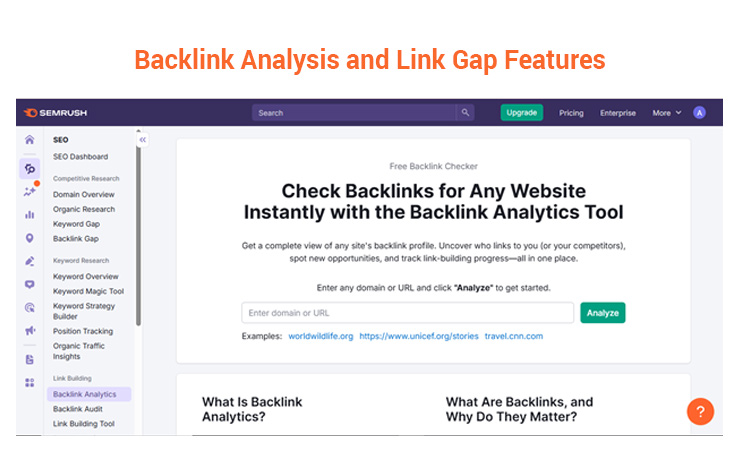 backlink analysis and link gap features semrush