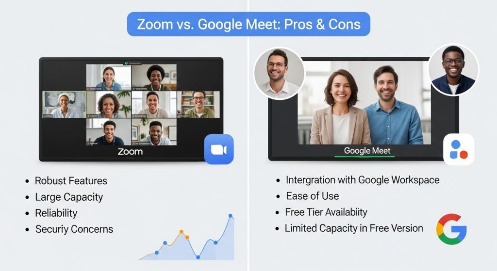 Zoom vs Google Meet: Features, Pricing, Pros & Cons